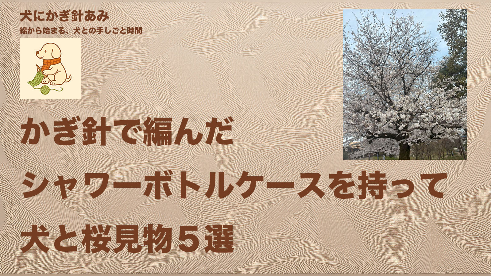 かぎ針で編んだシャワーボトルを持って犬と桜見物のサムネイル